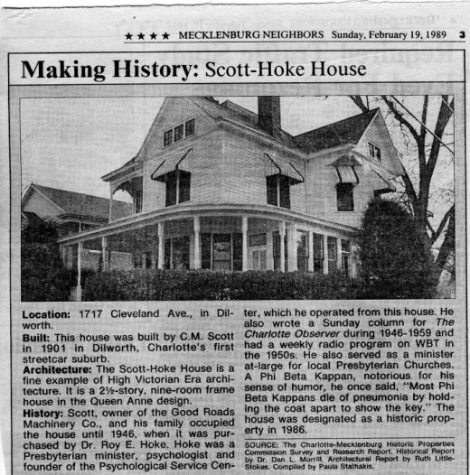 Mecklenburg Neighbors newspaper feature on the Scott-Hoke House, February 19, 1989