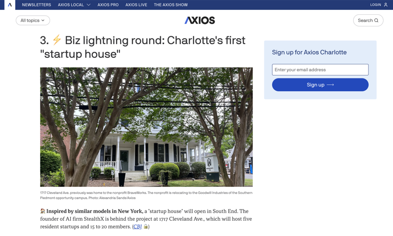 Axios Charlotte article about CLT Startup House