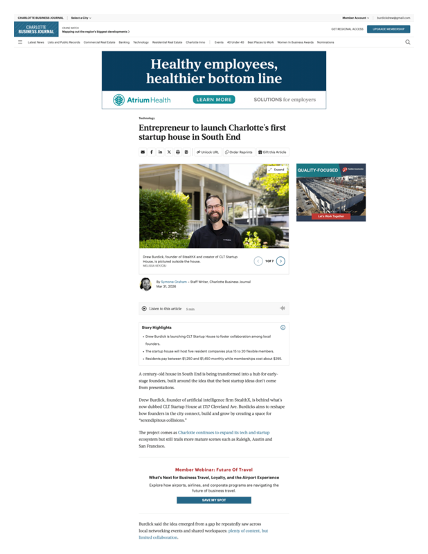 Charlotte Business Journal article about CLT Startup House