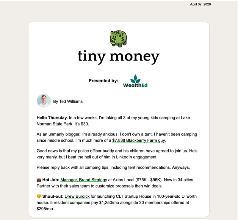 Tiny Money newsletter mention of CLT Startup House